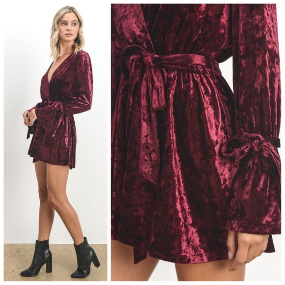 Burgundy crushed velvet robe romper - Picture 3 of 3